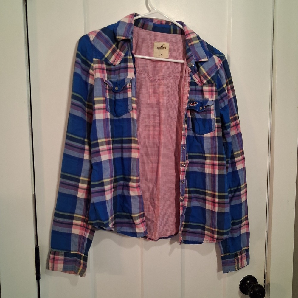 Hollister Button Up Shirt Womens M Blue Plaid Pearl Snap Western Coastal Cowgirl